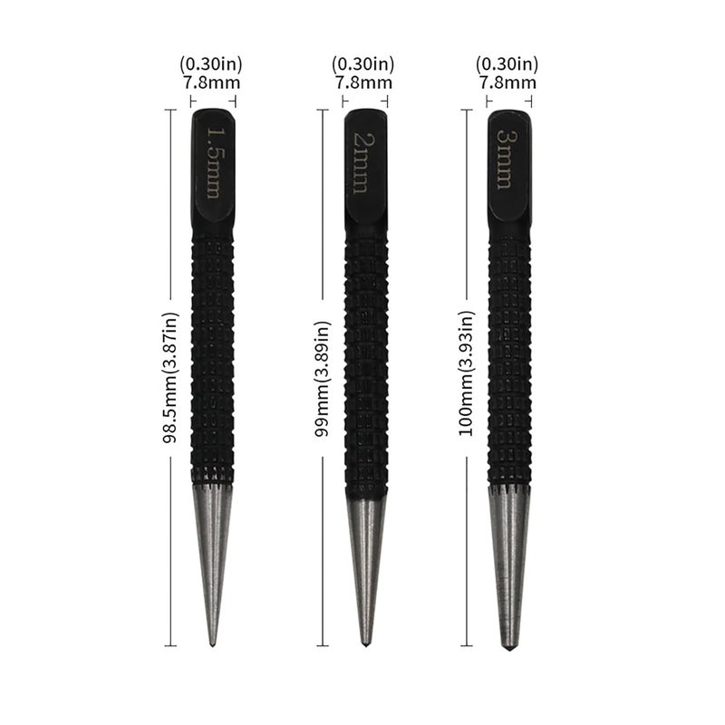 ZHYOHEN 3PCS Black High Carbon Steel Centre Punch Drill Kit 1.5/2/3mm Mechanical Maintenance Installation Positioning Tool for Metal and Wood Openings - Image 2